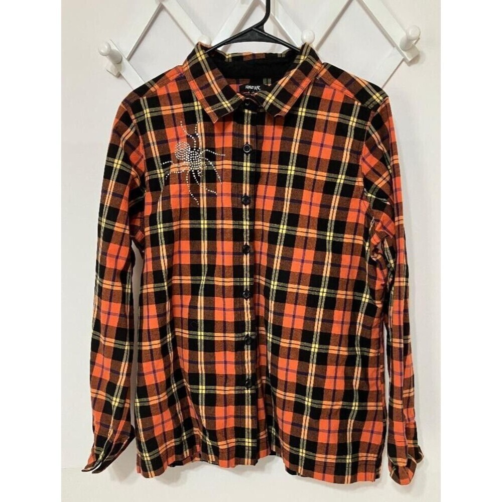 Krazy Kat XL‎ Halloween Fall Plaid Rhinestone Spider Shirt Whimsigoth Aesthetic